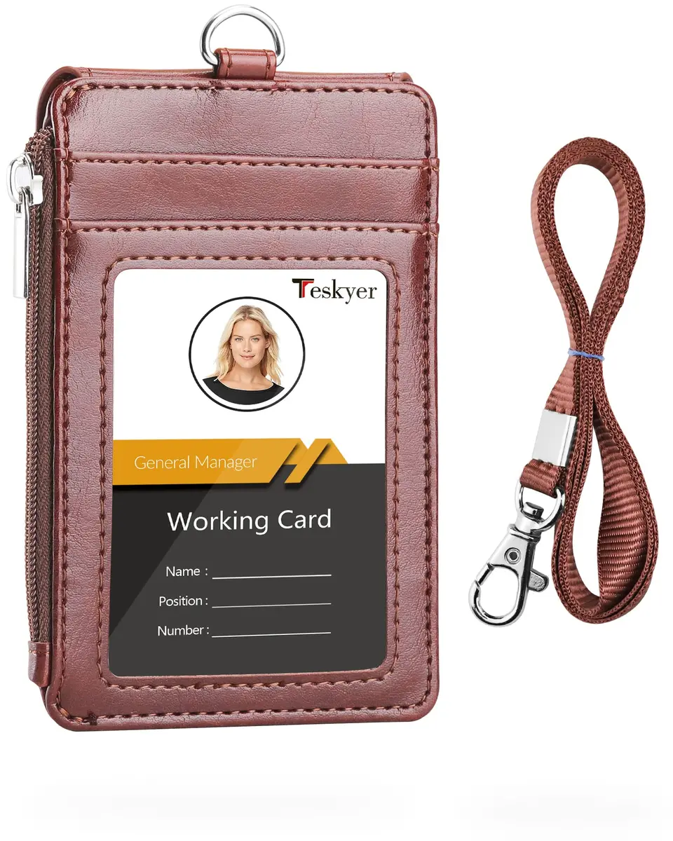 Teskyer Leather ID Badge Holder with Lanyard, Brown | Multiple Card Slots & Zip Pocket - main product image