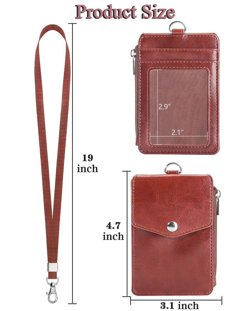 Teskyer Leather ID Badge Holder with Lanyard, Brown | Multiple Card Slots & Zip Pocket - view 7