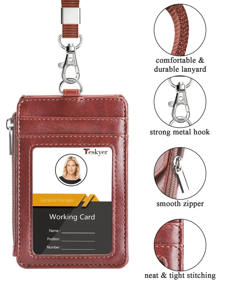 Teskyer Brown PU Leather ID Badge Holder with Lanyard & Zipper Pocket | 4 Card Slots, 1 Clear ID Window - view 3
