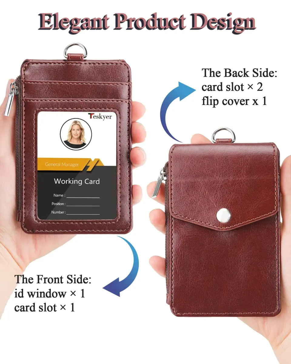 Teskyer Brown PU Leather ID Badge Holder with Lanyard & Zipper Pocket | 4 Card Slots, 1 Clear ID Window - view 4