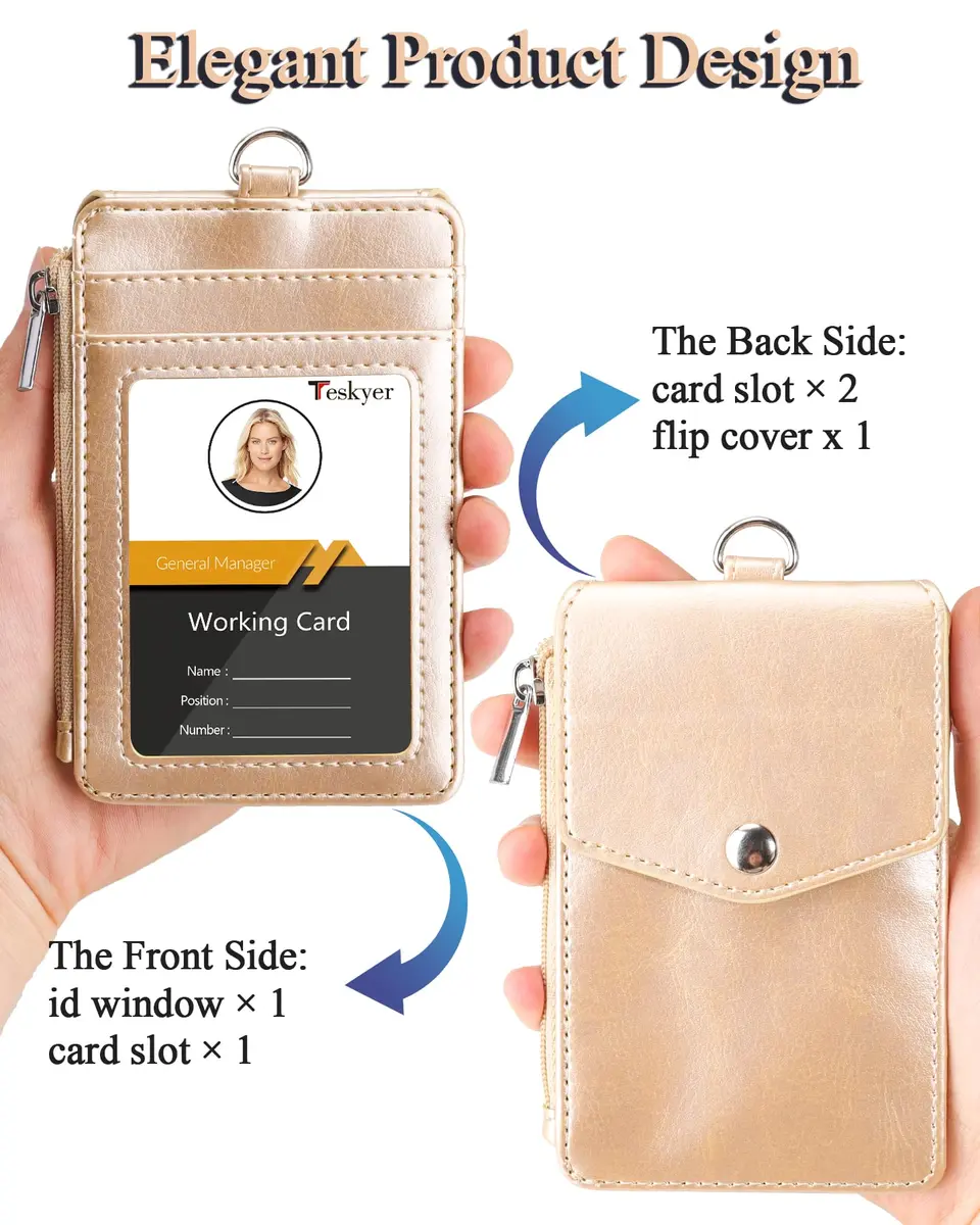 Teskyer Leather ID Badge Holder with Lanyard, Gold | Wallet & Badge Organizer for Professionals - view 4