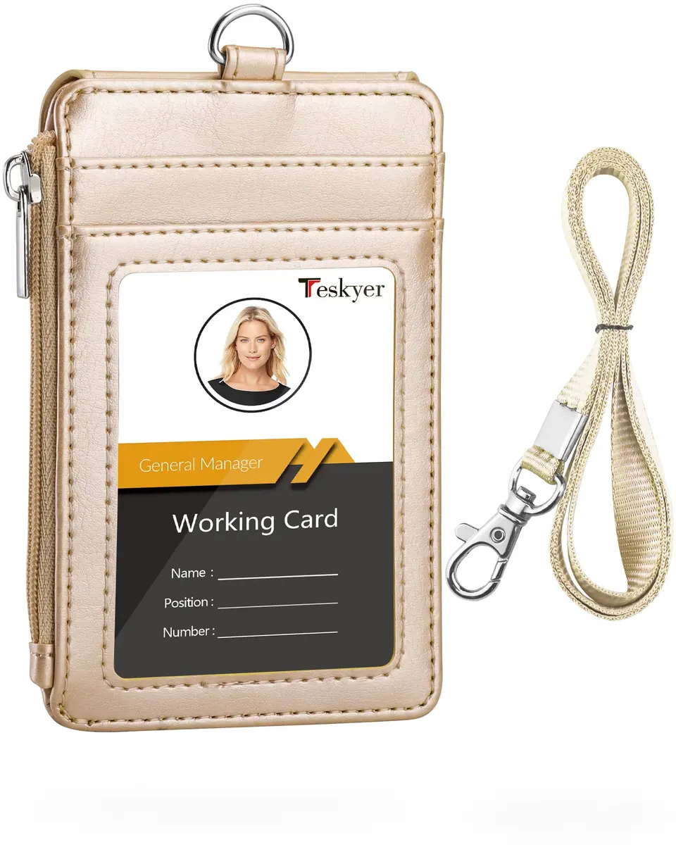 Teskyer Leather ID Badge Holder with Lanyard, Gold | Wallet & Badge Organizer for Professionals - main product image