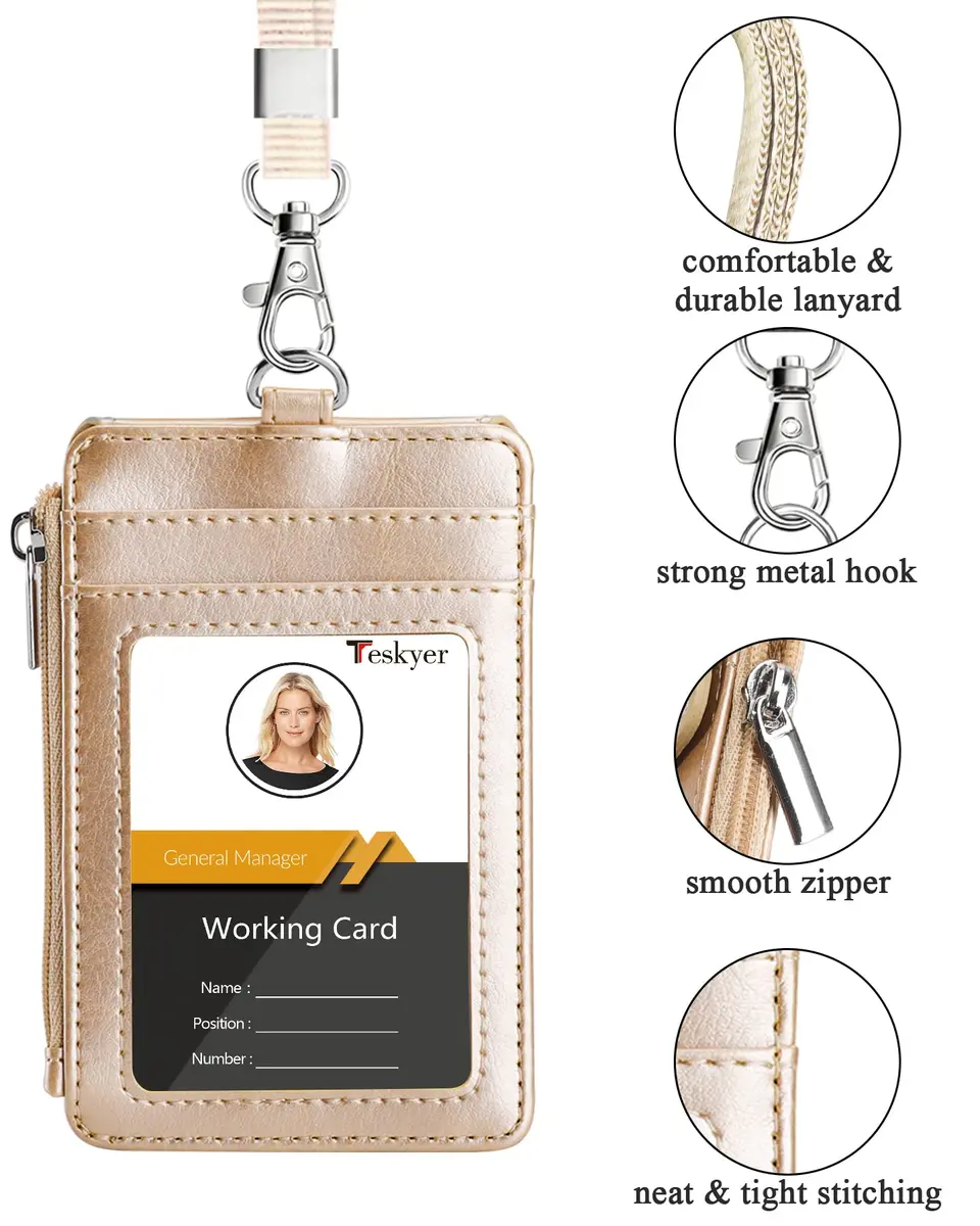 Teskyer Leather ID Badge Holder with Lanyard, Gold | Wallet & Badge Organizer for Professionals - view 3