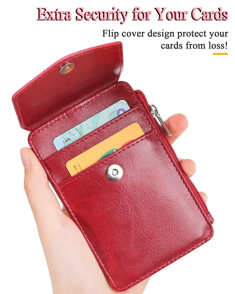 Teskyer Leather ID Badge Holder with Lanyard, Lanyard Wallet, Wine Red | Durable Leather Badge Wallet with 4 Card Slots & Zipper - view 5