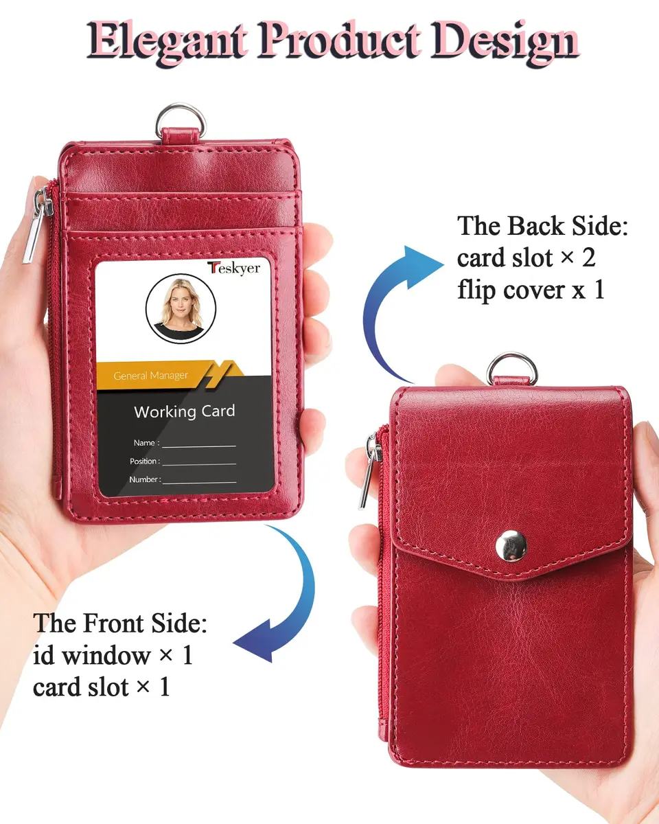 Teskyer Leather ID Badge Holder with Lanyard, Lanyard Wallet, Wine Red | Durable Leather Badge Wallet with 4 Card Slots & Zipper - view 6