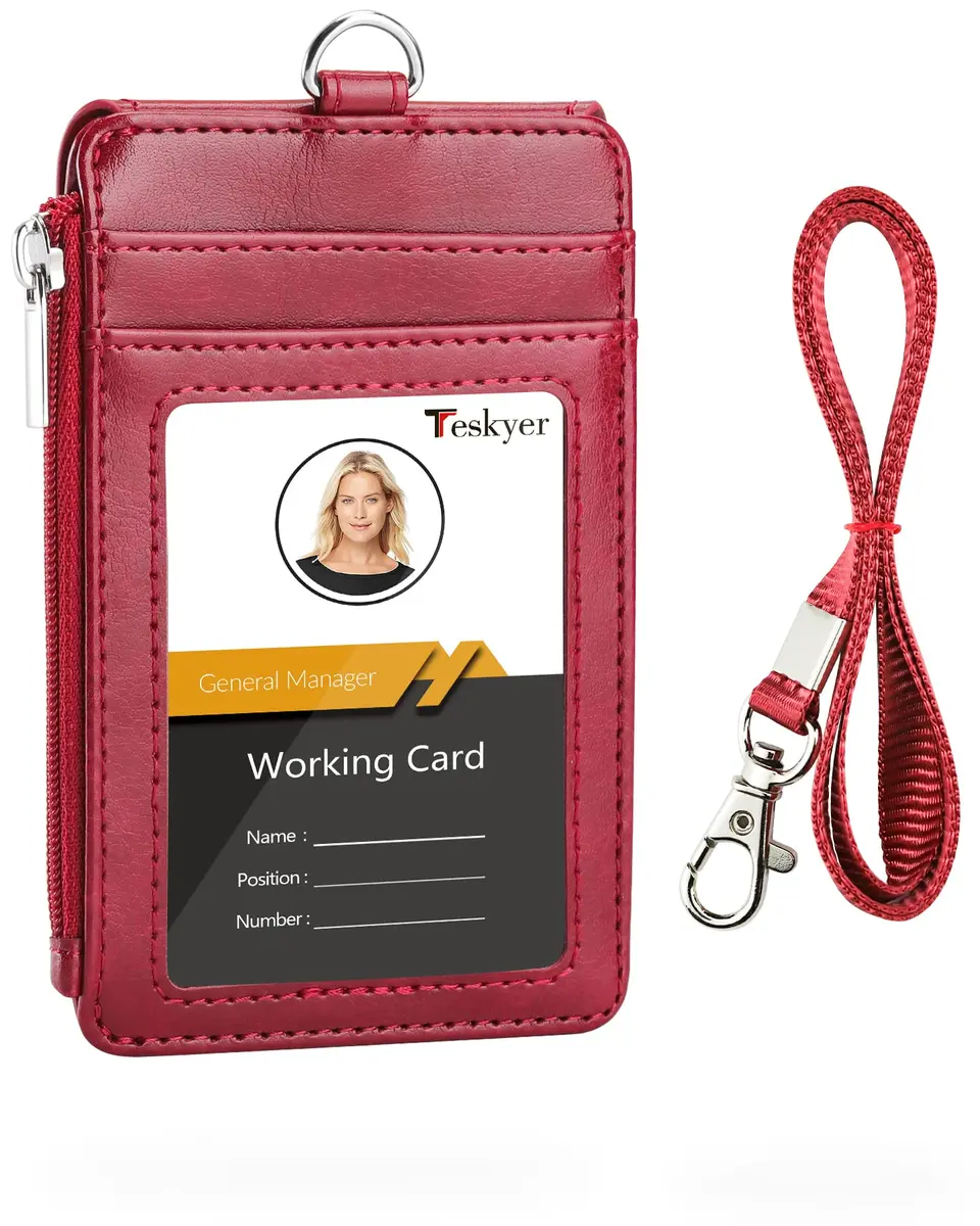 Teskyer Leather ID Badge Holder with Lanyard, Lanyard Wallet, Wine Red | Durable Leather Badge Wallet with 4 Card Slots & Zipper - main product image