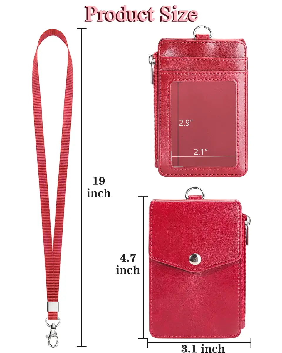 Teskyer Leather ID Badge Holder with Lanyard, Lanyard Wallet, Wine Red | Durable Leather Badge Wallet with 4 Card Slots & Zipper - view 7