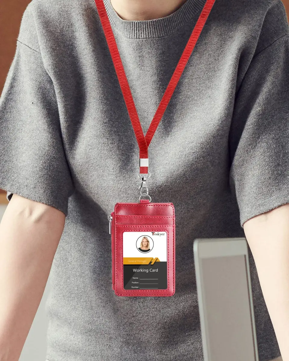 Teskyer Red PU Leather ID Badge Holder with Lanyard & Zipper Pocket | 4 Card Slots, 1 Clear ID Window - view 2