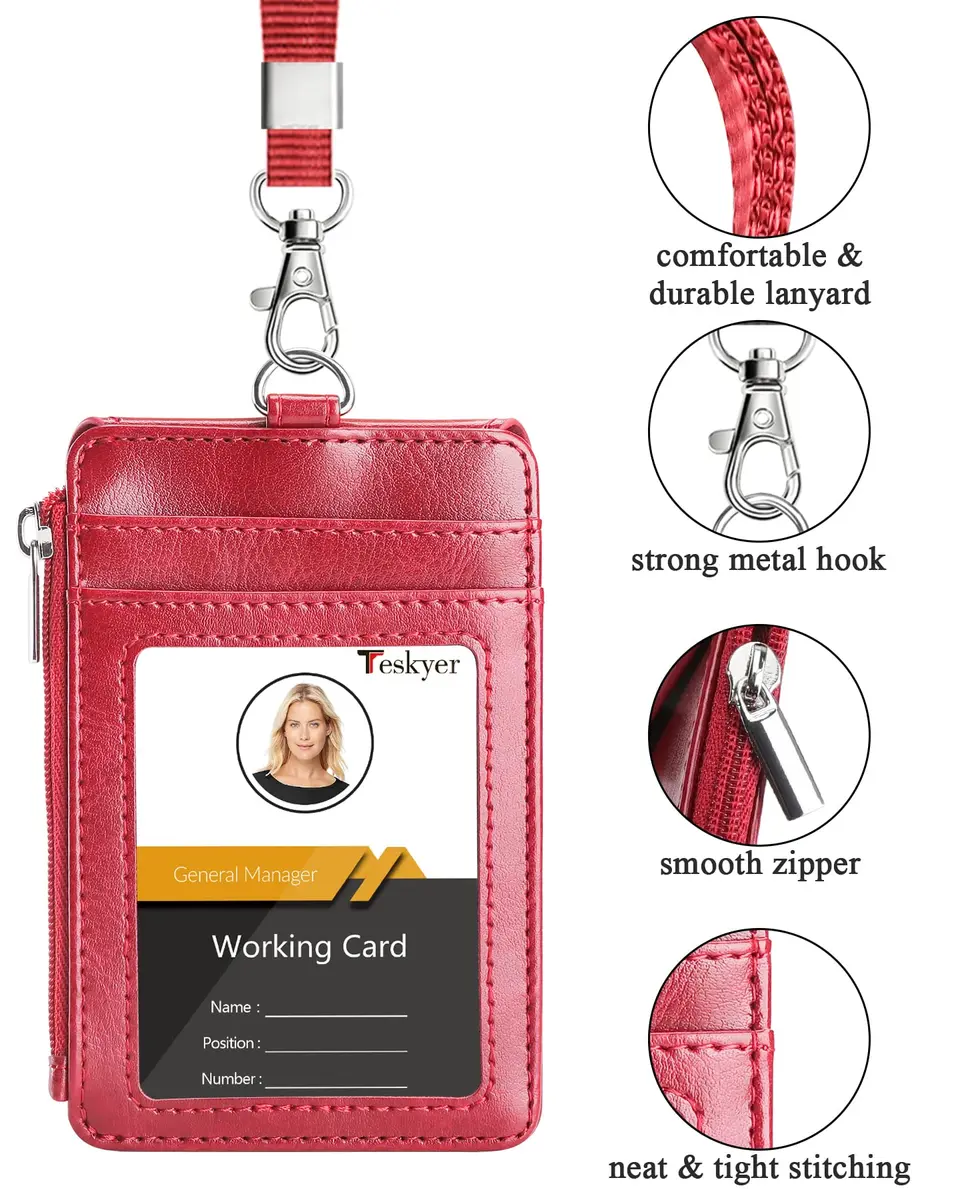 Teskyer Leather ID Badge Holder with Lanyard, Lanyard Wallet, Wine Red | Durable Leather Badge Wallet with 4 Card Slots & Zipper - view 3