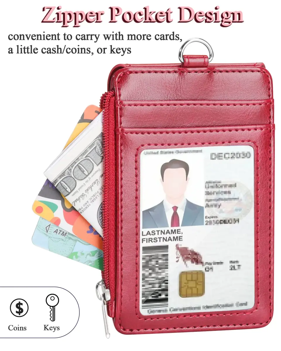 Teskyer Red PU Leather ID Badge Holder with Lanyard & Zipper Pocket | 4 Card Slots, 1 Clear ID Window - view 4