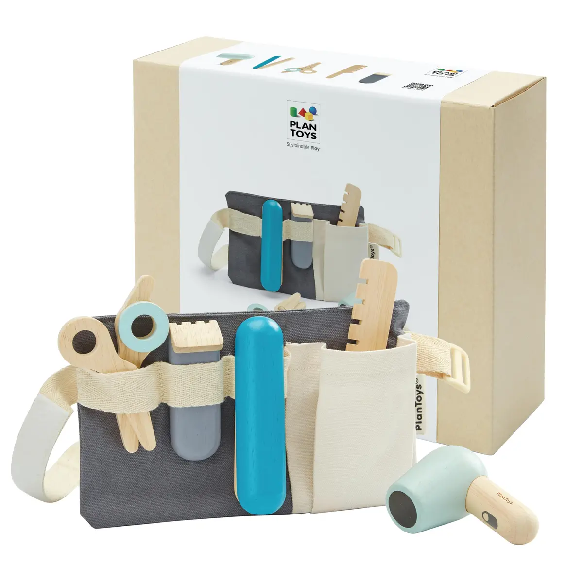 PlanToys Wooden Hairdresser Kit for Kids with Scissors, Blow Dryer & Comb | Montessori Role Play - main product image