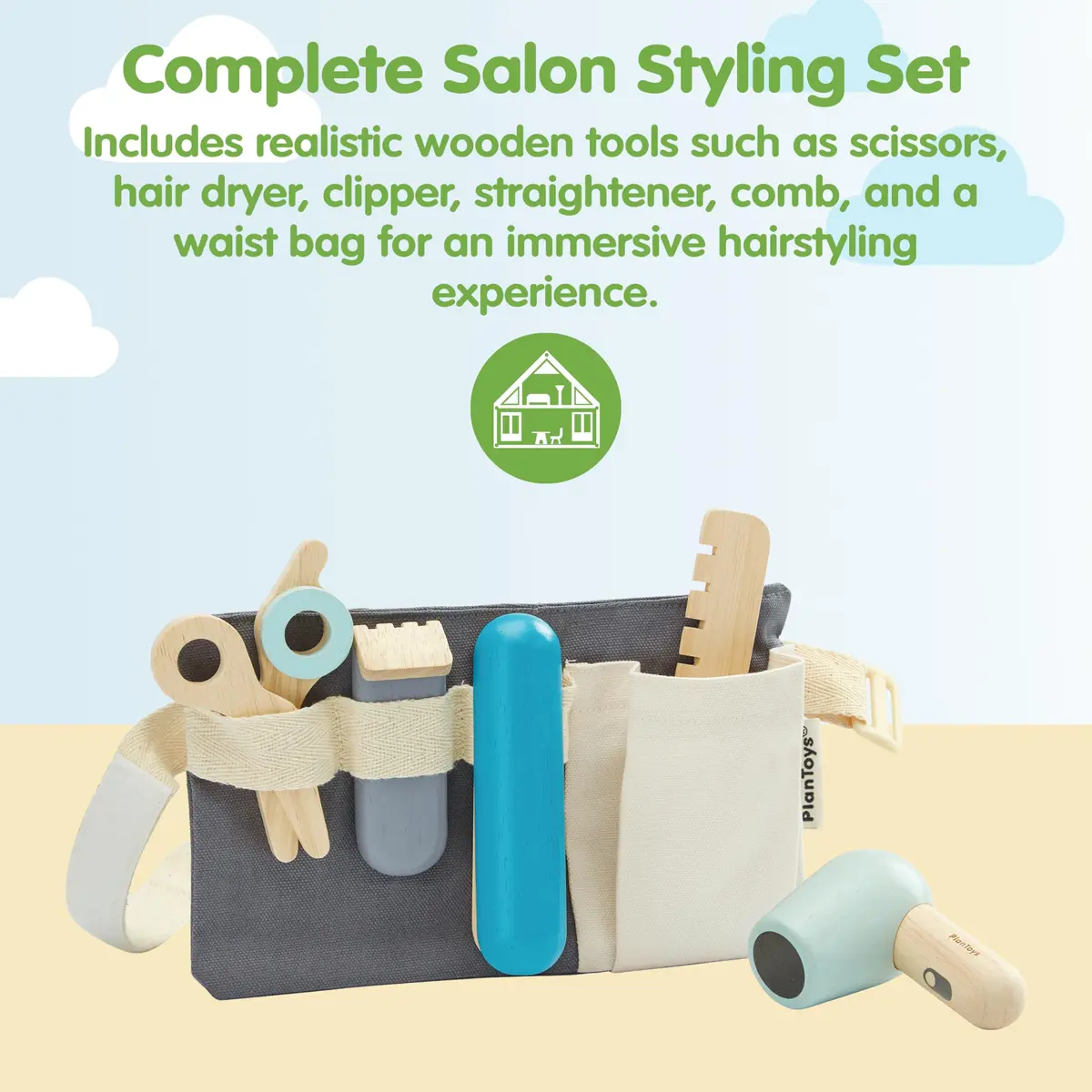 PlanToys Wooden Hairdresser Kit for Kids with Scissors, Blow Dryer & Comb | Montessori Role Play - view 2