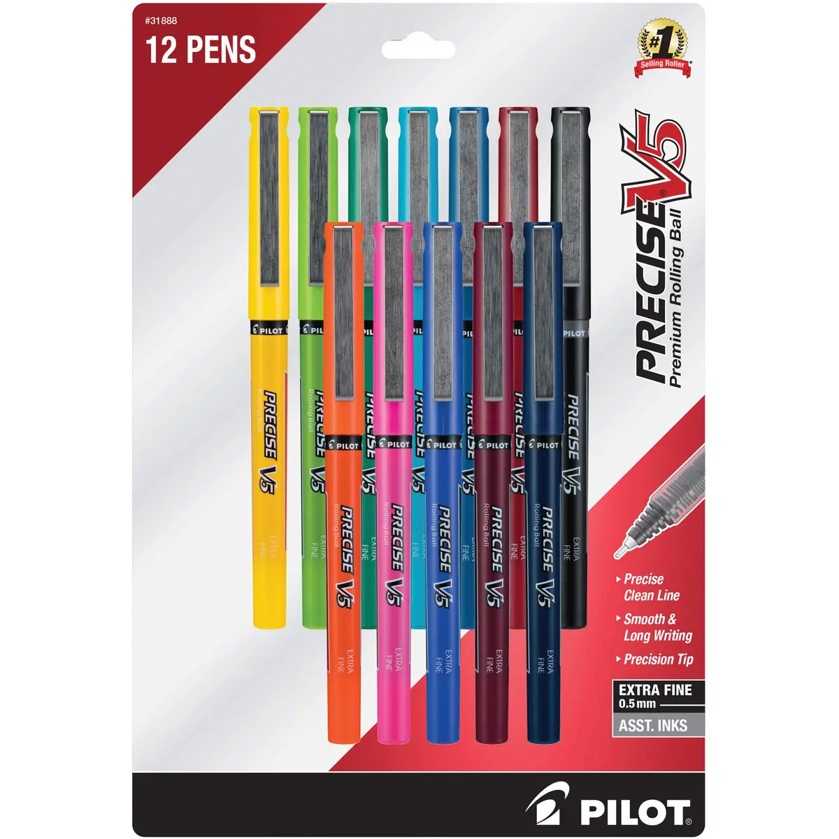 PILOT Precise V5 Stick Pens, Extra Fine Point 0.5mm, Assorted Inks, 12-Pack | Smooth Writing Liquid Ink Rollerball Pens - main product image