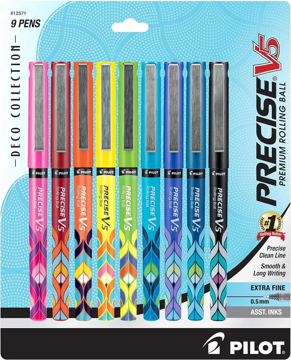 PILOT Precise V5 Liquid Ink Rollerball Pens 0.5 mm | Art Deco Collection, Extra Fine Point, Assorted Colors, Pack of 9 - main product image