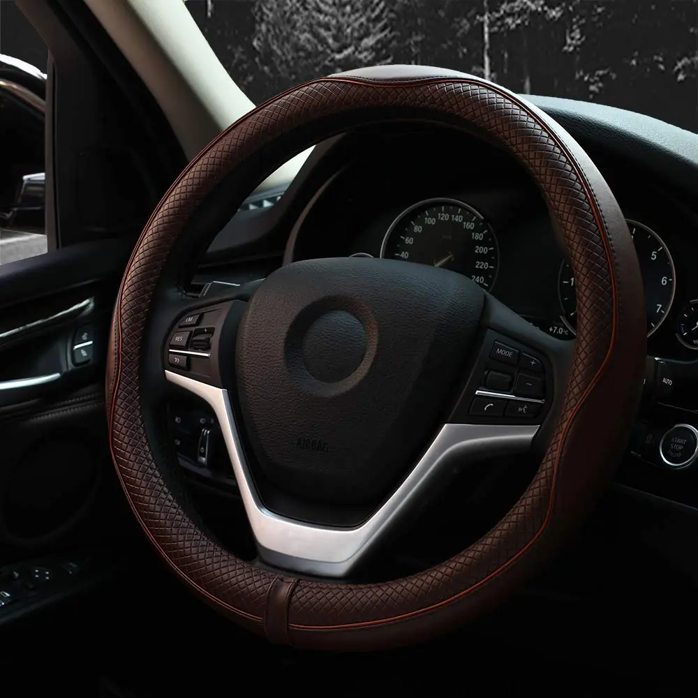 Valleycomfy Genuine Leather Steering Wheel Cover - Universal 15 inch (38.1 cm) Coffee - view 5