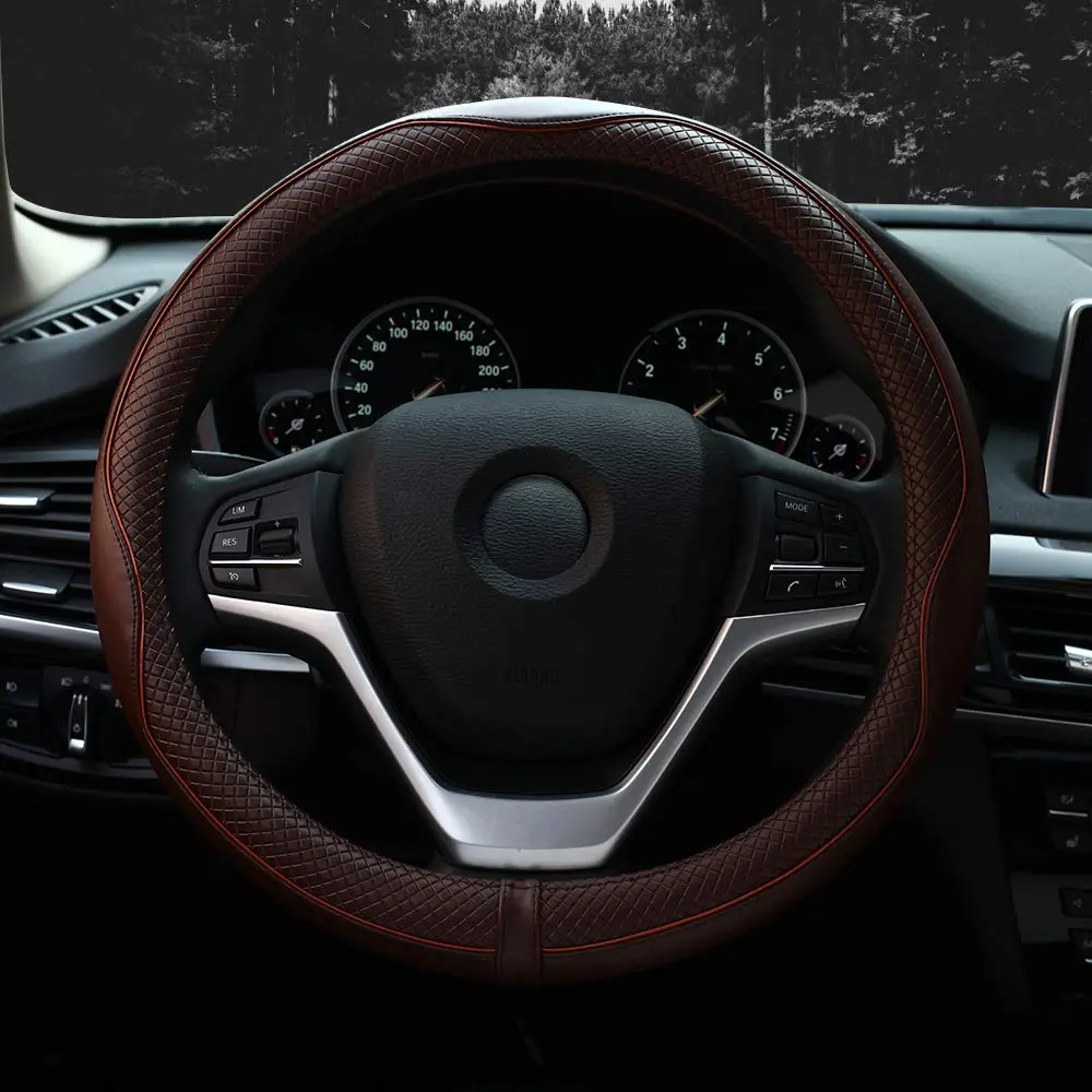 Valleycomfy Genuine Leather Steering Wheel Cover - Universal 15 inch (38.1 cm) Coffee - view 6