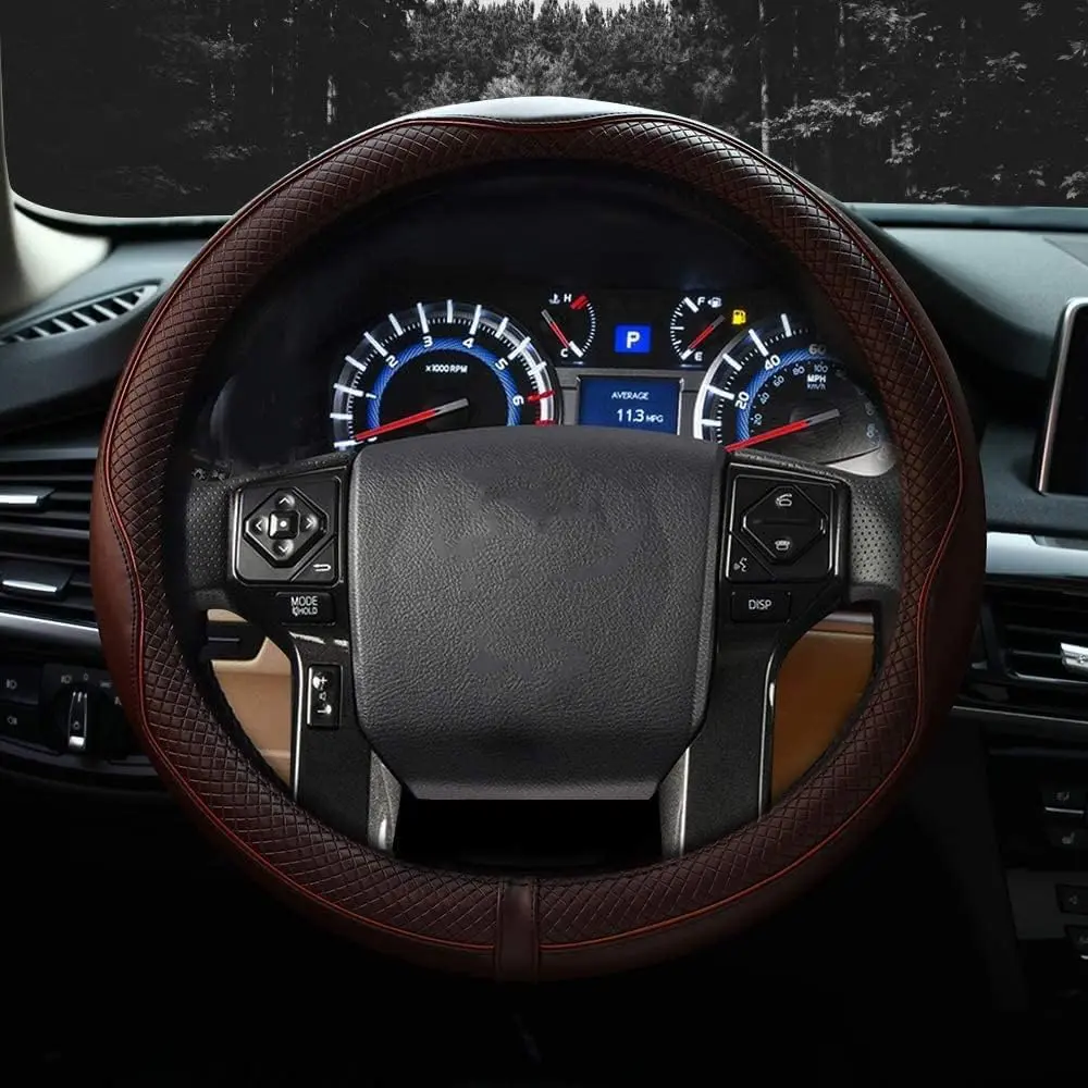 Valleycomfy Genuine Leather Steering Wheel Cover - Universal 15 inch (38.1 cm) Coffee - view 2