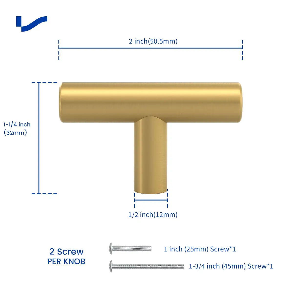 LONTAN 12 Pack Gold Cabinet Knobs, Brushed Brass, 2 Inch | Modern Stainless Steel Hardware for Cabinets - view 3
