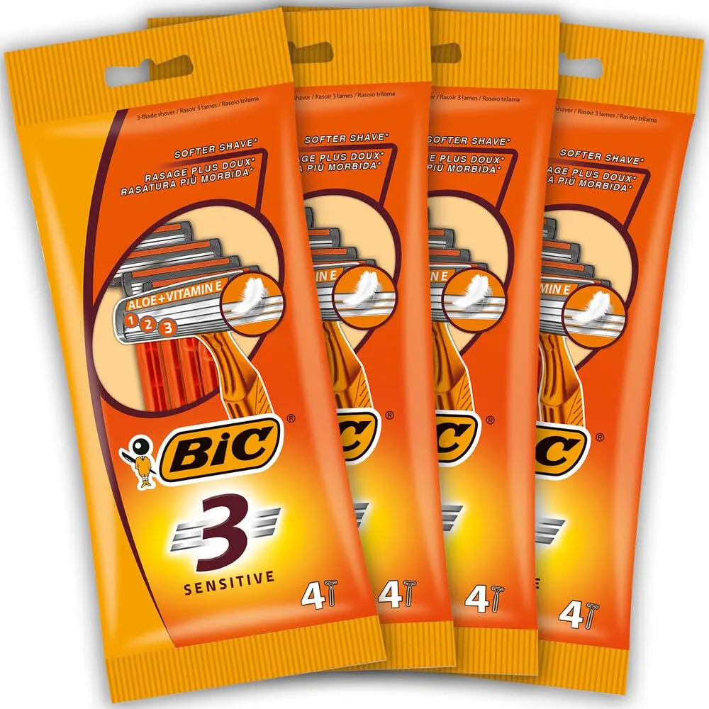 BIC 3 Sensitive Disposable Razors for Men | Fixed Head Triple Blade, 16 Count, Orange Handle - main product image