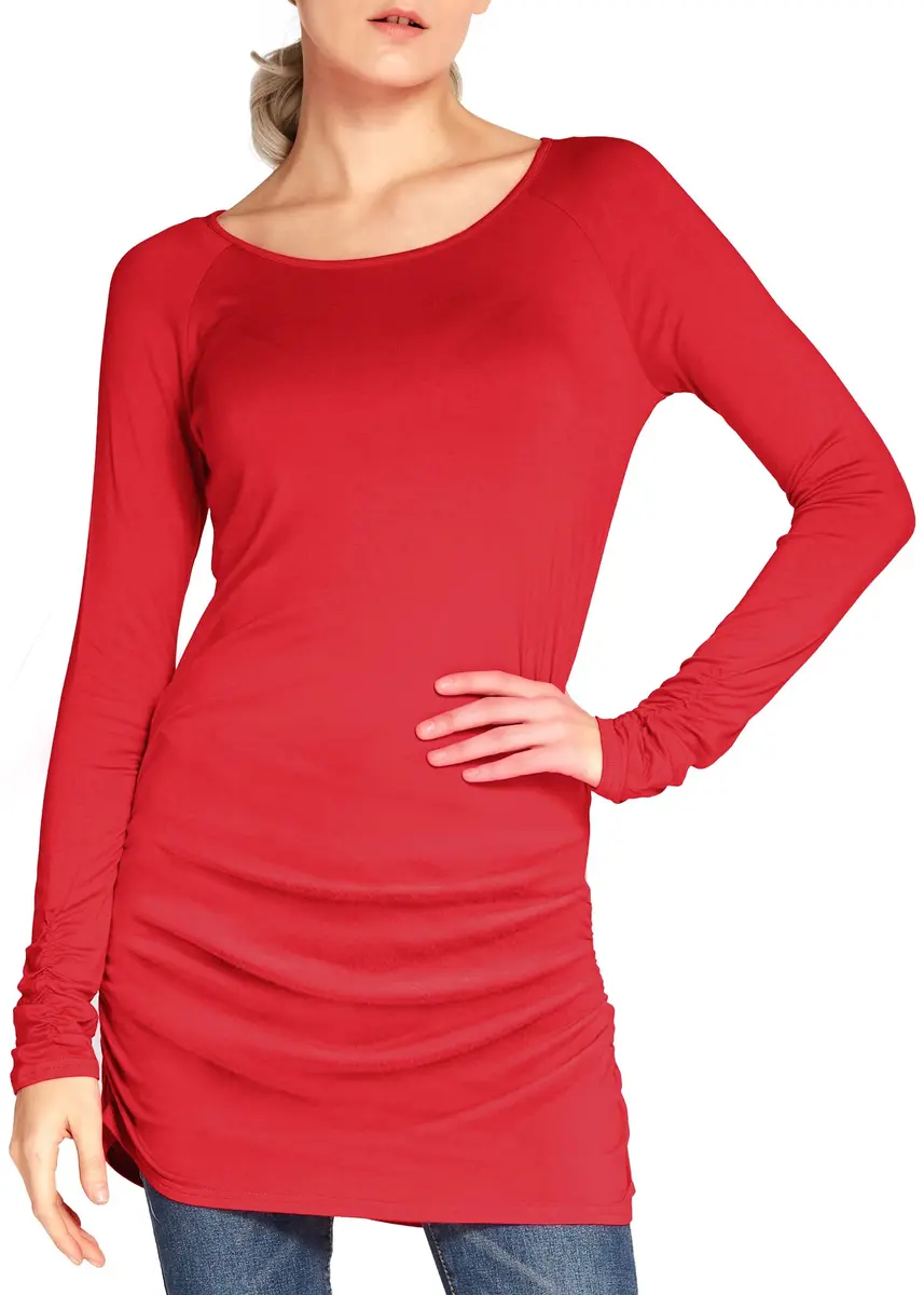 Urban CoCo Women's Casual T-Shirt Long Sleeve Solid Tunic Tops Slim Fit (L, Red) | Comfortable, Fashionable & Breathable - view 2
