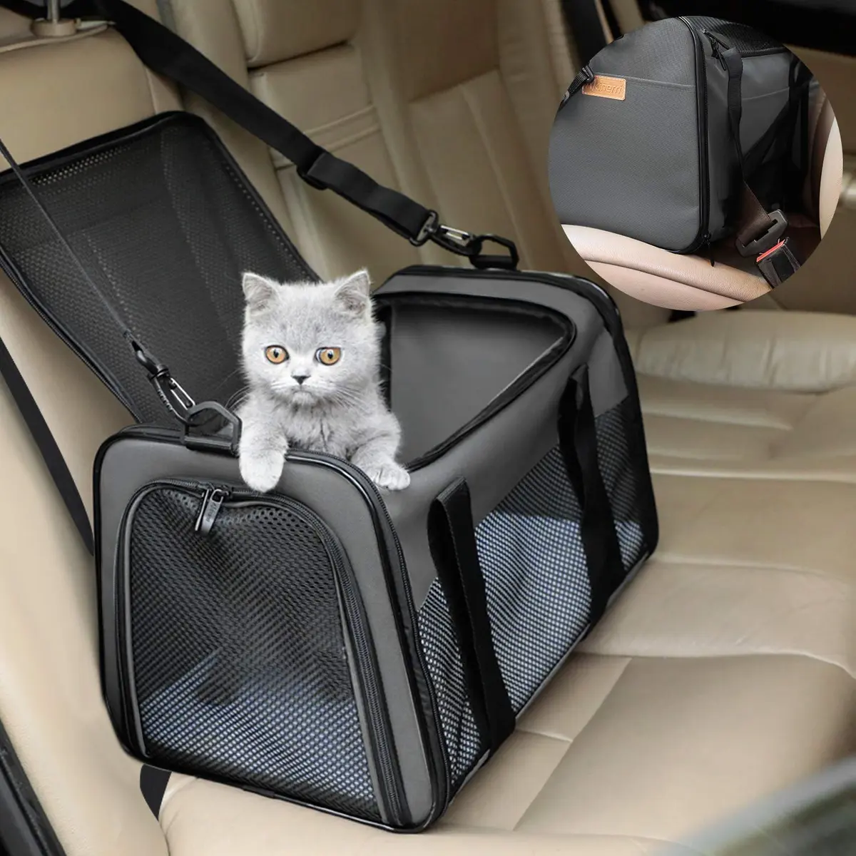 Akinerri Cat Carrier - Portable Foldable Soft-Sided Travel Bag for Pets up to 22 Lbs, Airline Approved, Collapsible, Brown - view 5