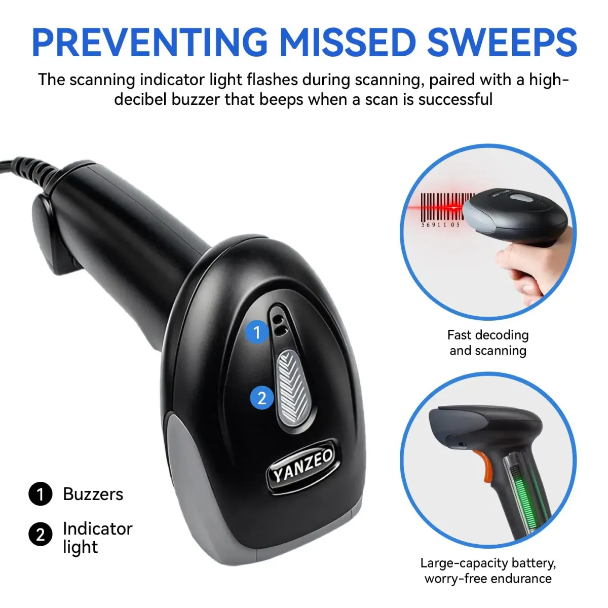 Yanzeo USB CCD Barcode Scanner Plug & Play for Office & Warehouse | 200 Scans/Sec, 1.5m Drop Resistant - view 4