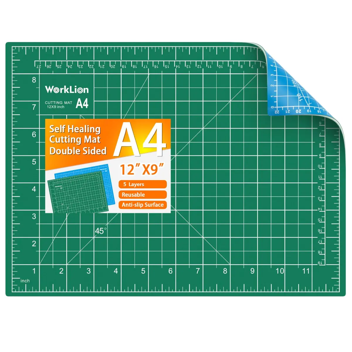 WORKLION Self Healing Cutting Mat: 12''x9'' Double Sided Craft Cutting Mat for Sewing, Fabric, Quilting - 5-Ply Slip-Resistant Hobby Cutting Board for DIY Projects (Green/Blue) - main product image