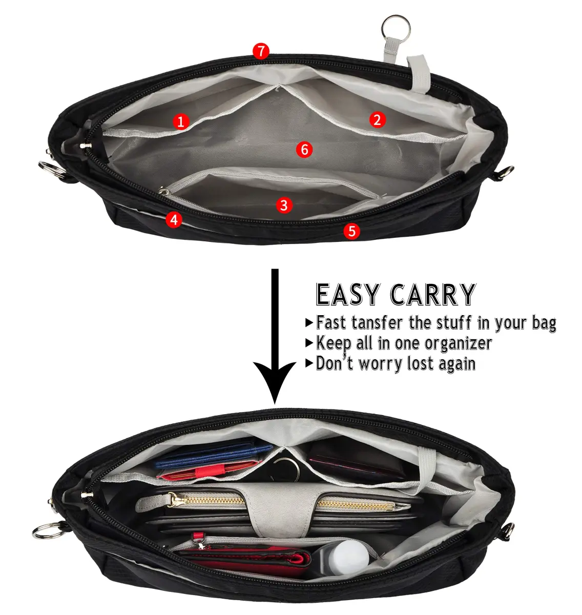 Vercord Expandable Black Nylon Handbag Purse Organizer Insert Liner Shaper Bag in Bag - Large - view 3