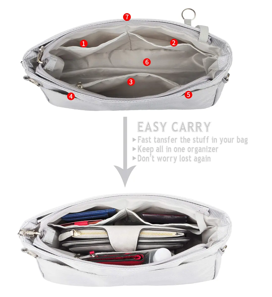 Vercord Expandable Nylon Handbag Purse Organizer Insert Liner Shaper Bag in Bag - Beige Grey, Large - view 3