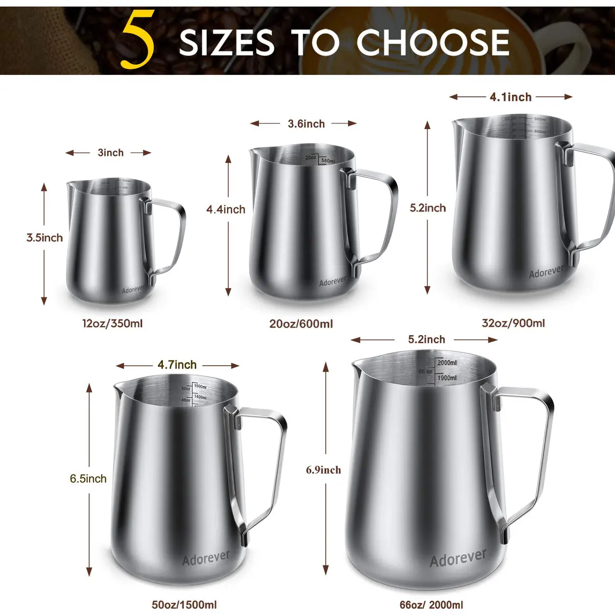 Adorever Milk Frothing Pitcher 355ml (12oz) with Latte Art Pen | Stainless Steel Espresso Steaming Jug - view 5