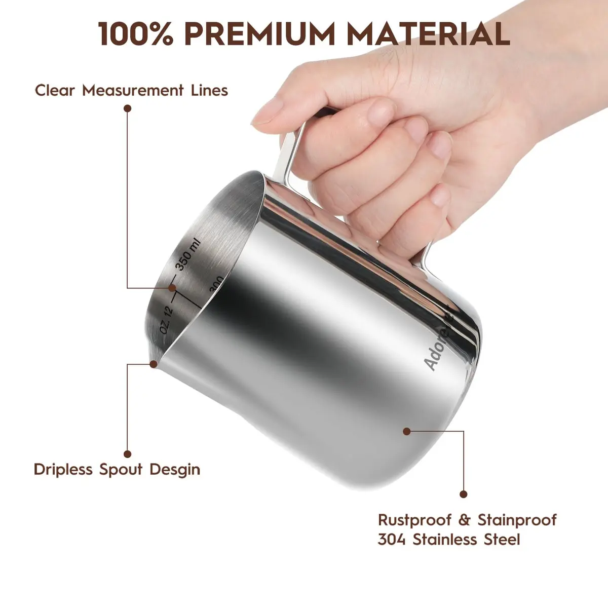Adorever Milk Frothing Pitcher 355ml (12oz) with Latte Art Pen | Stainless Steel Espresso Steaming Jug - view 3