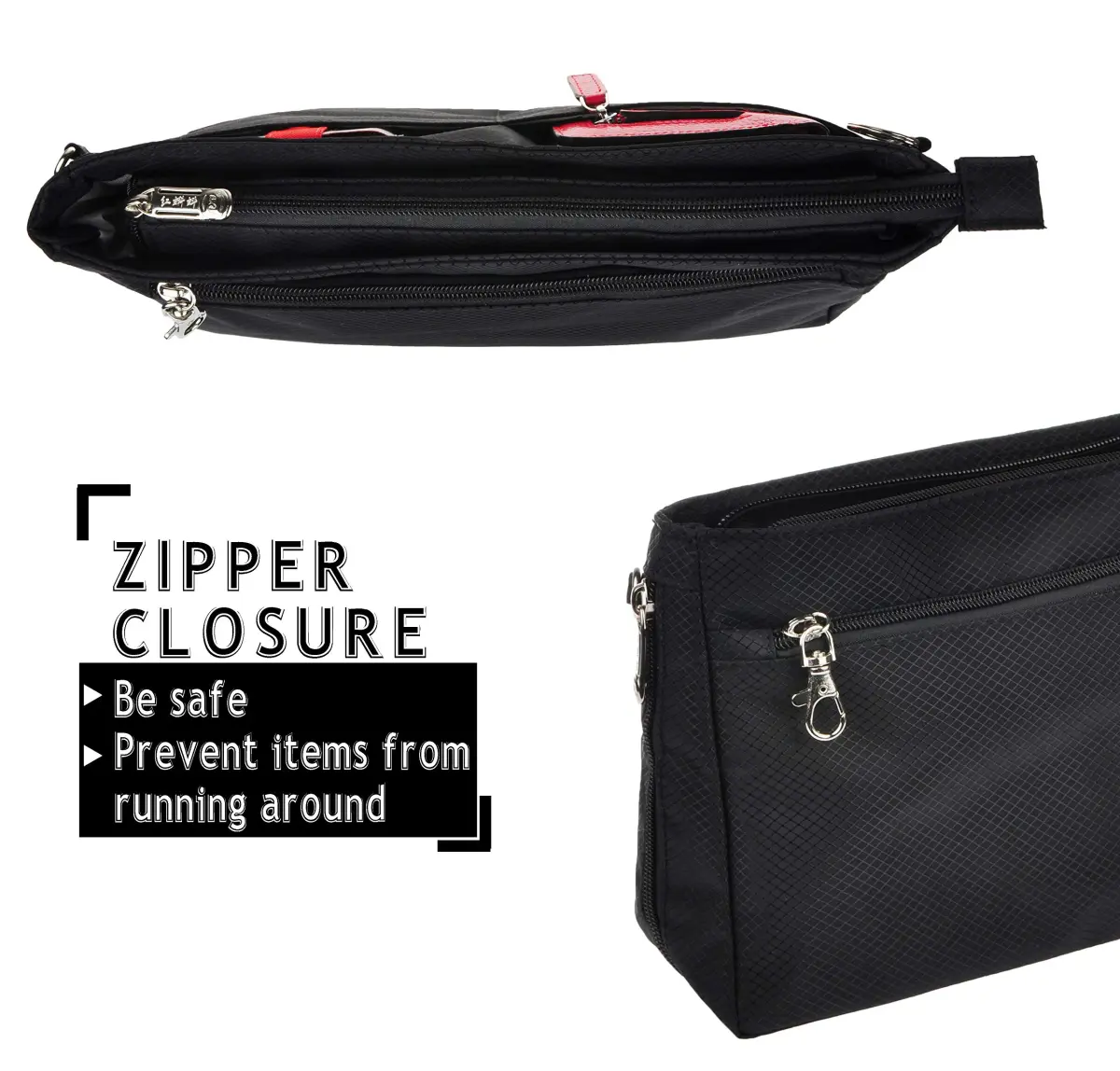 Vercord Expandable Nylon Handbag Purse Organizer Insert Liner Shaper Bag in Bag Black X-Large | Waterproof & Zippered Compartments - view 5