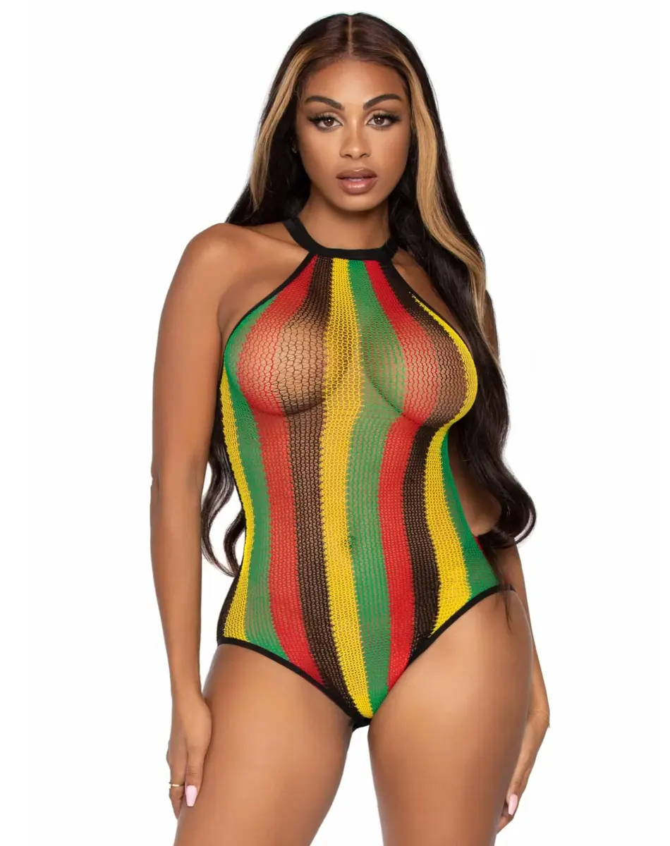 Leg Avenue Women's Striped Halter Bodysuit, Rasta, One Size | Fishnet Festival Look - main product image