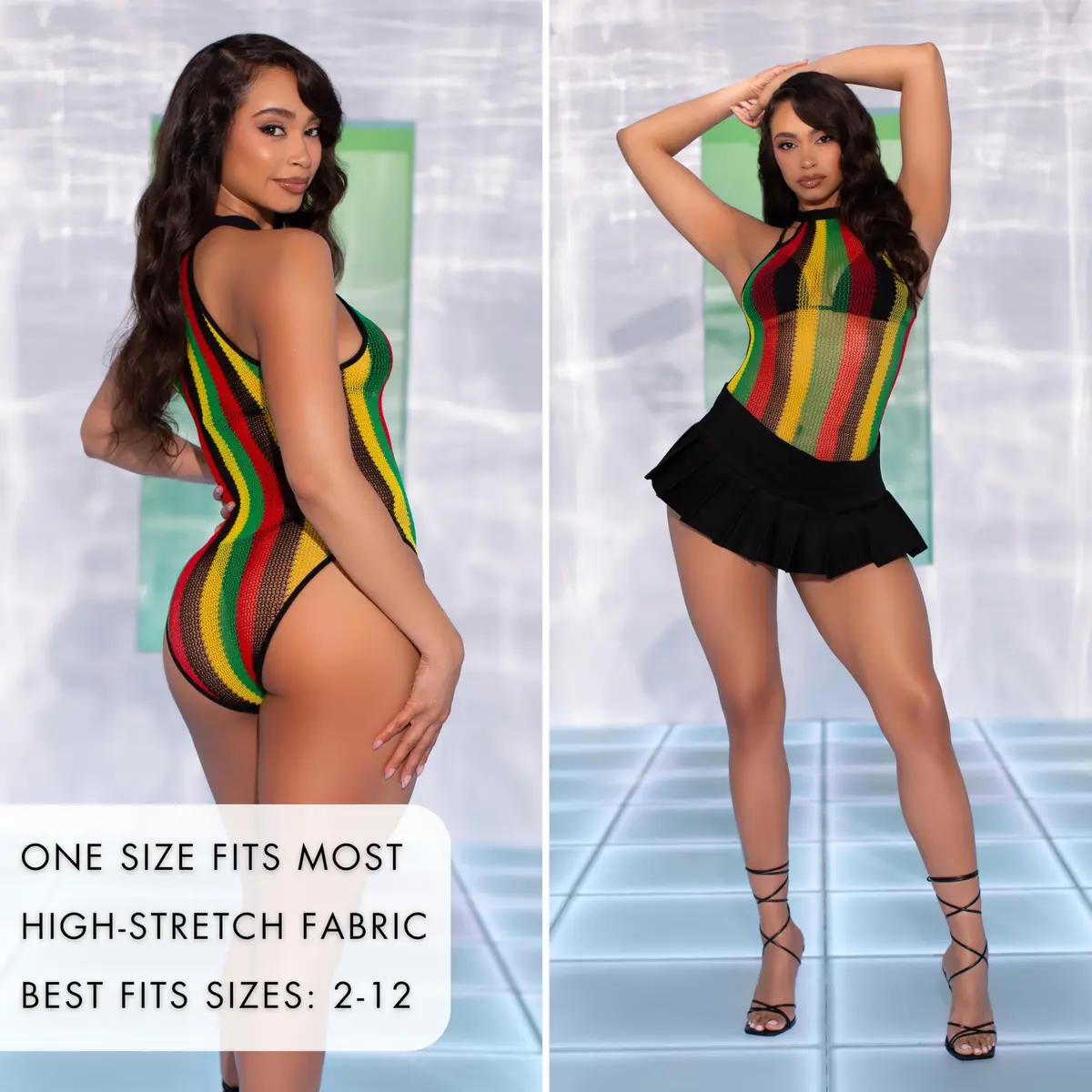 Leg Avenue Women's Striped Halter Bodysuit, Rasta, One Size | Fishnet Festival Look - view 5
