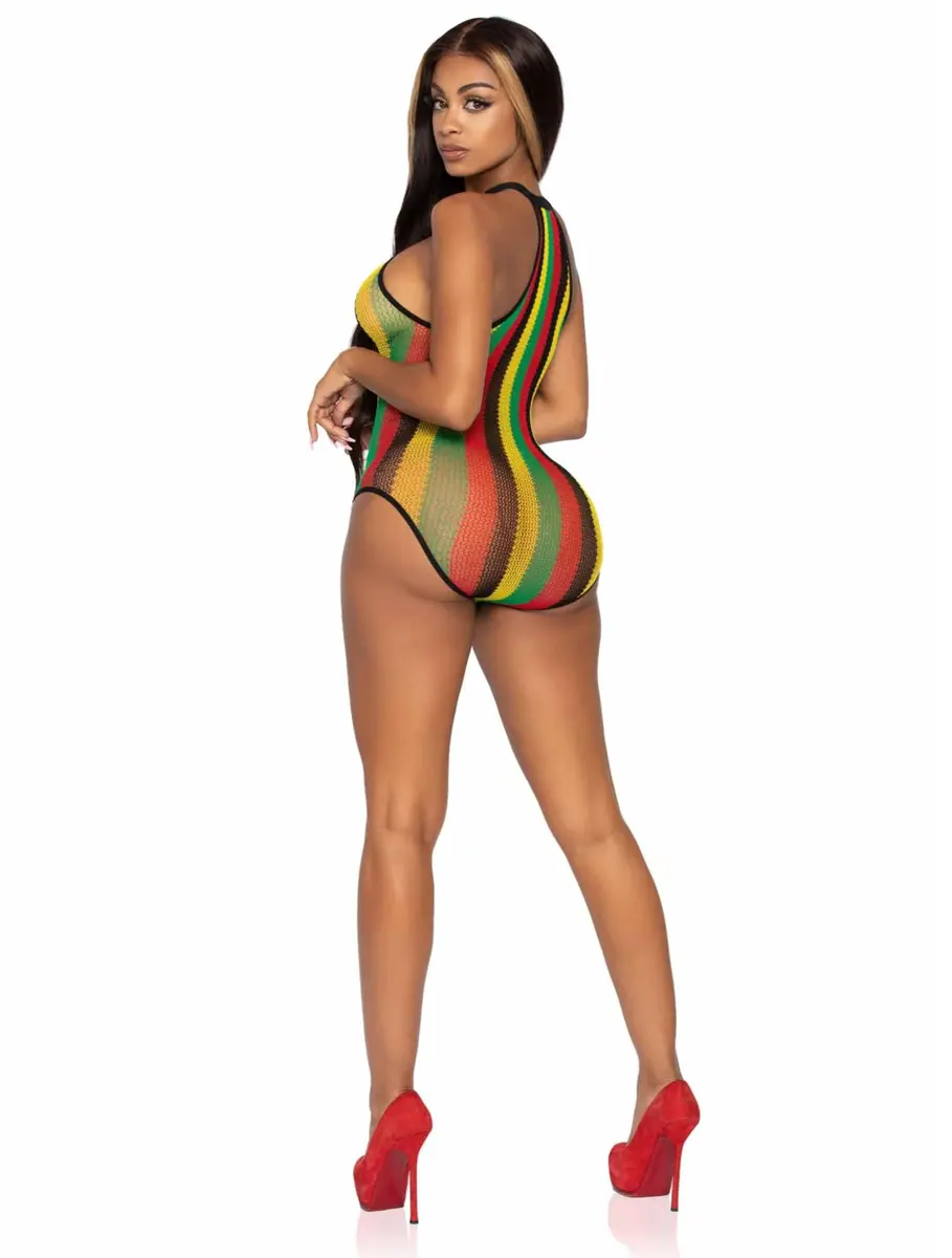 Leg Avenue Women's Striped Halter Bodysuit, Rasta, One Size | Fishnet Festival Look - view 3