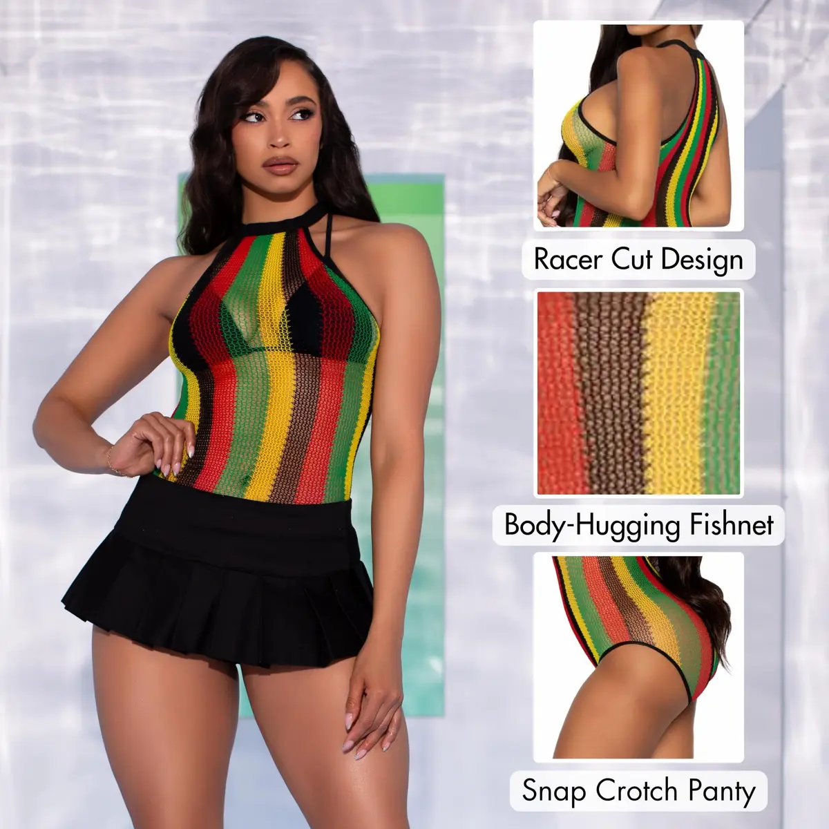 Leg Avenue Women's Striped Halter Bodysuit, Rasta, One Size | Fishnet Festival Look - view 4