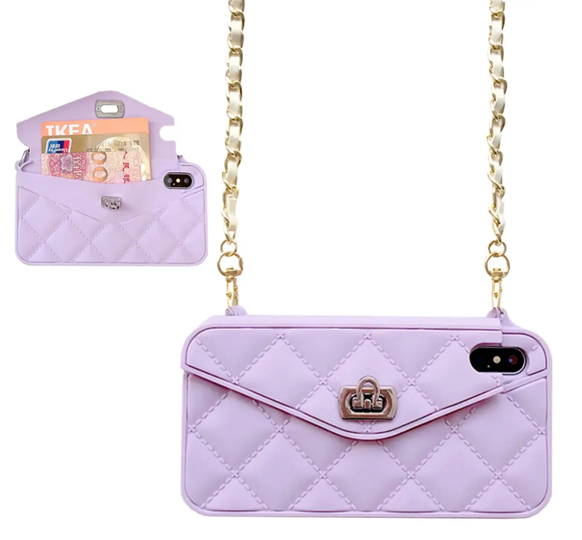 UnnFiko Luxury Bag Wallet Case for iPhone 7 Plus/8 Plus, Soft Silicone with Shoulder Strap, Purple | Card Pouch & Full Protection - main product image