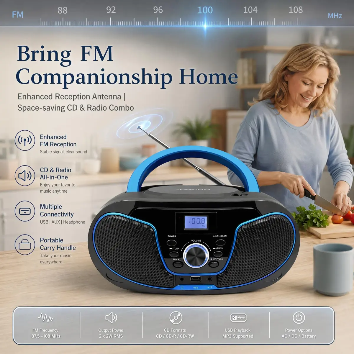 LONPOO LP-D02 Portable CD Player Boombox Bluetooth 28cm (11in) | Crystal-Clear Stereo Sound with FM Radio & AUX Input - view 6