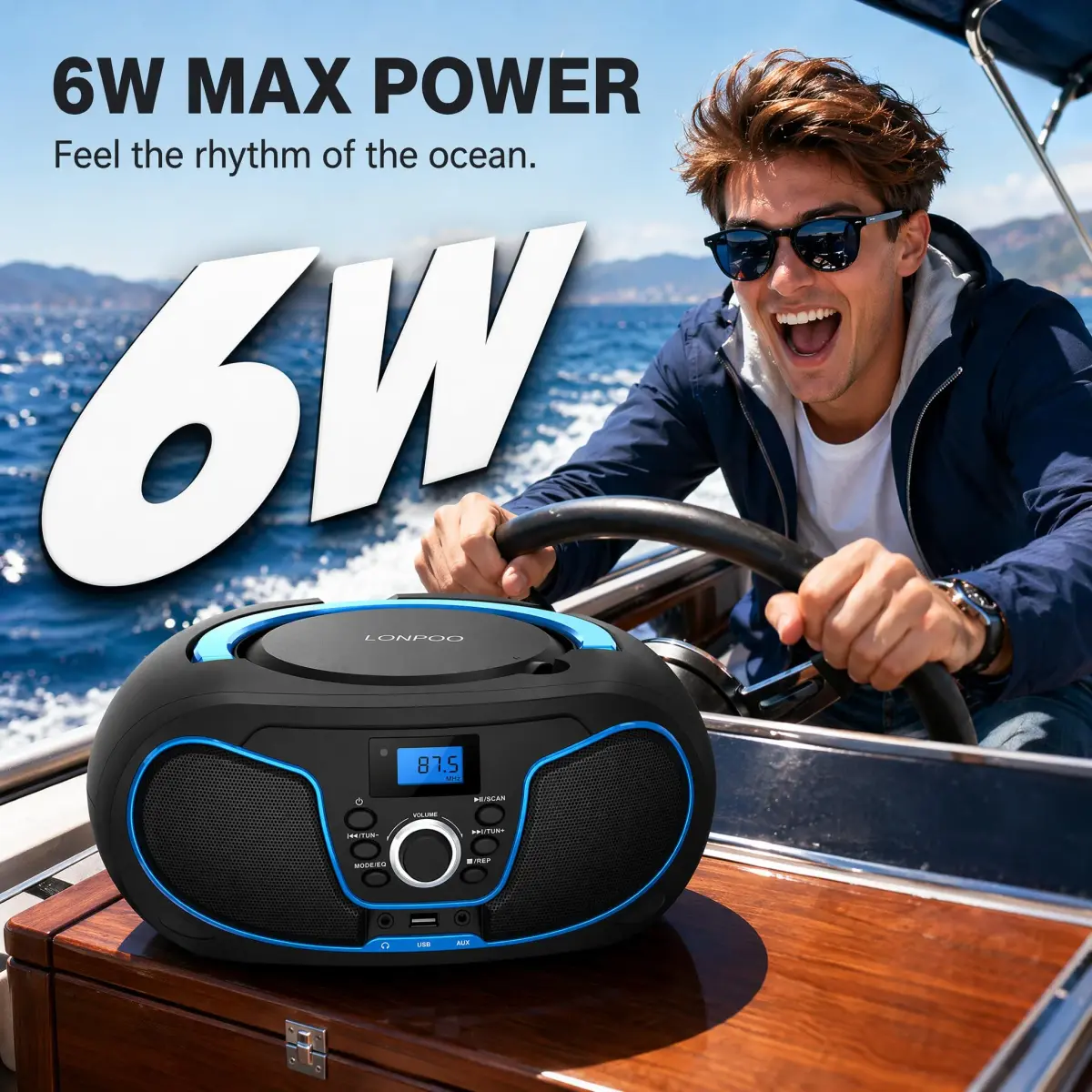 LONPOO LP-D02 Portable CD Player Boombox Bluetooth 28cm (11in) | Crystal-Clear Stereo Sound with FM Radio & AUX Input - view 7