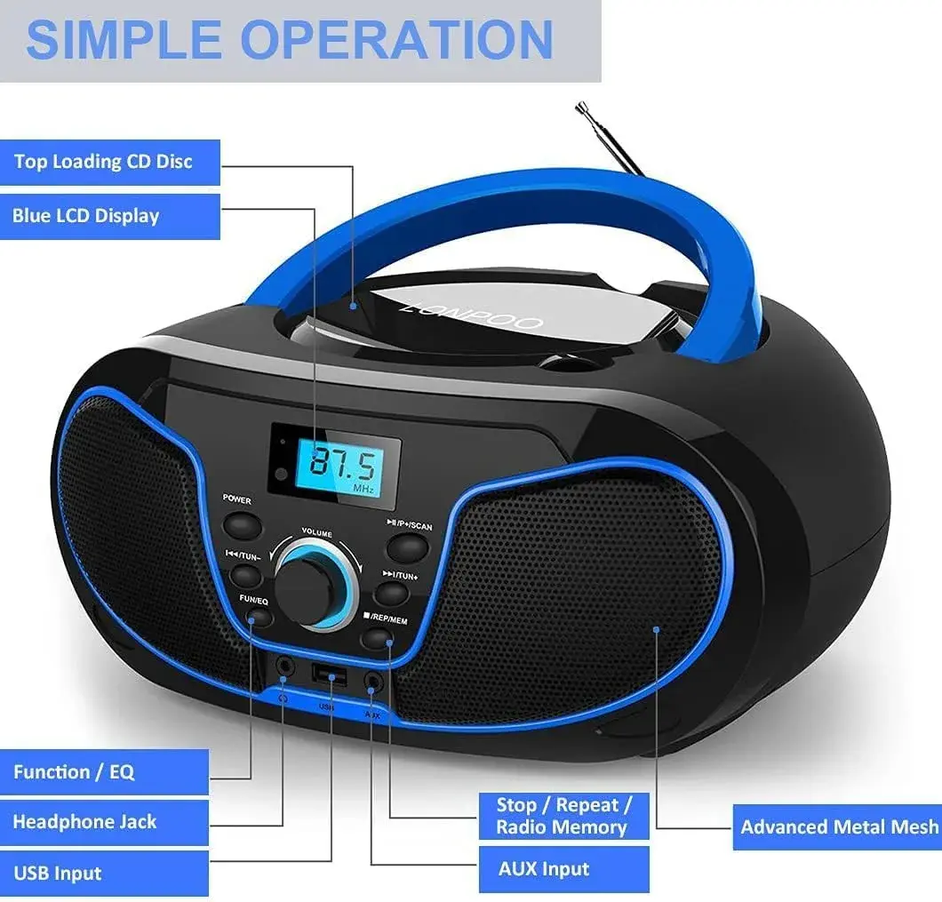 LONPOO LP-D02 Portable CD Player Boombox Bluetooth 28cm (11in) | Crystal-Clear Stereo Sound with FM Radio & AUX Input - view 8