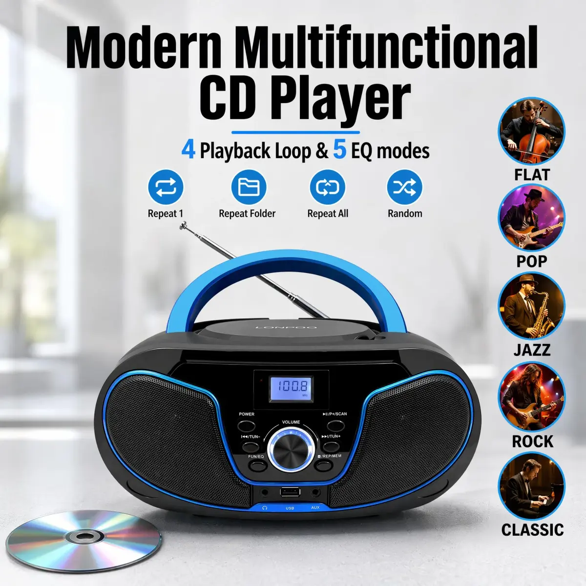 LONPOO LP-D02 Portable CD Player Boombox Bluetooth 28cm (11in) | Crystal-Clear Stereo Sound with FM Radio & AUX Input - view 3