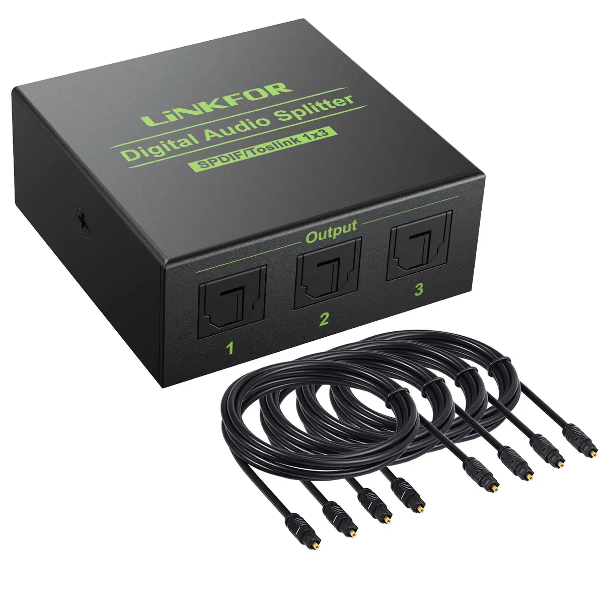 LiNKFOR 3 Port Toslink Splitter with 4pcs 6ft Optical Cables | Supports Dolby-AC3 DTS, Long Distance Transmission - main product image