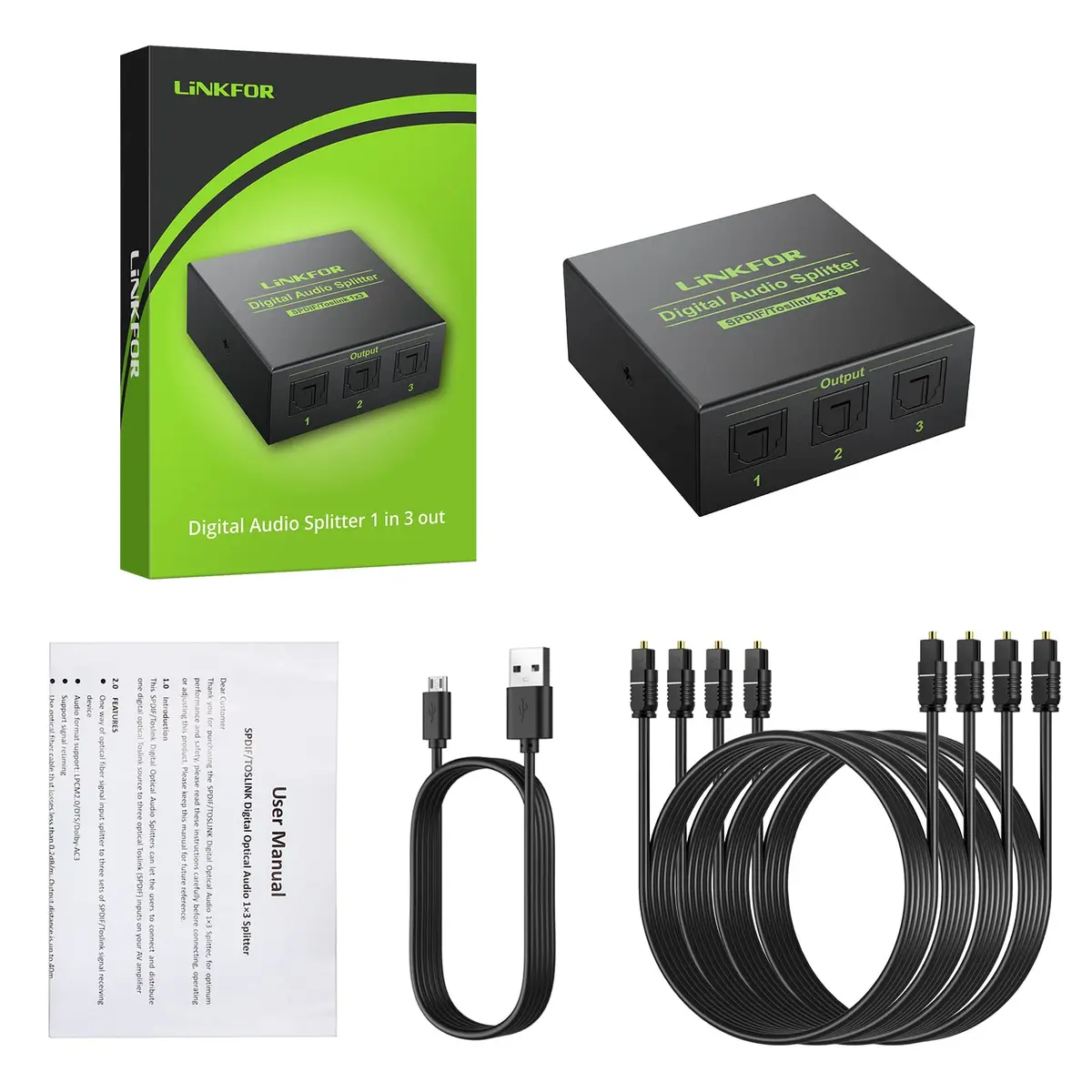 LiNKFOR 3 Port Toslink Splitter with 4pcs 6ft Optical Cables | Supports Dolby-AC3 DTS, Long Distance Transmission - view 5