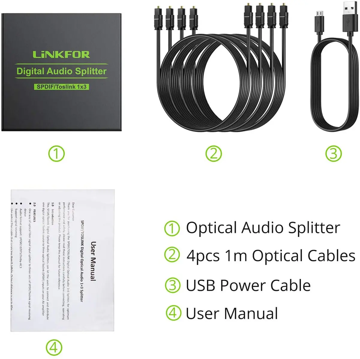 LiNKFOR 3 Port Toslink Splitter with 4pcs 6ft Optical Cables | Supports Dolby-AC3 DTS, Long Distance Transmission - view 7