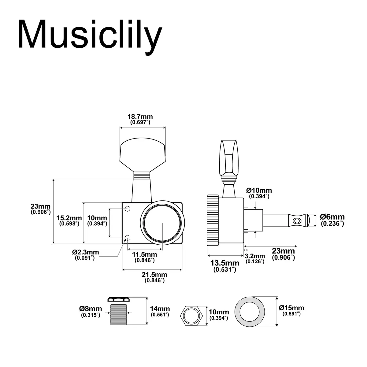 Musiclily Pro R15T-01 6 inline 2-pins Guitar Locking Tuners Set Gold | Smooth Tuning & Easy Upgrade - view 2