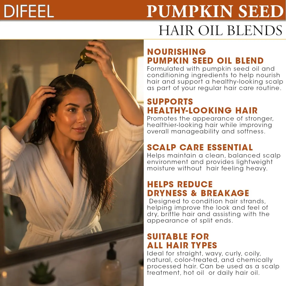 Difeel Pumpkin Seed Hair Oil Blend 74ml (2.5 Fl Oz) | Nourishes Scalp & Strengthens Hair - view 6