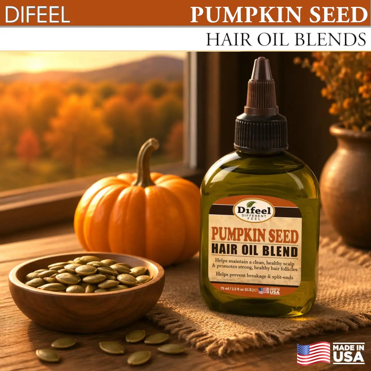Difeel Pumpkin Seed Hair Oil Blend 74ml (2.5 Fl Oz) | Nourishes Scalp & Strengthens Hair - view 3