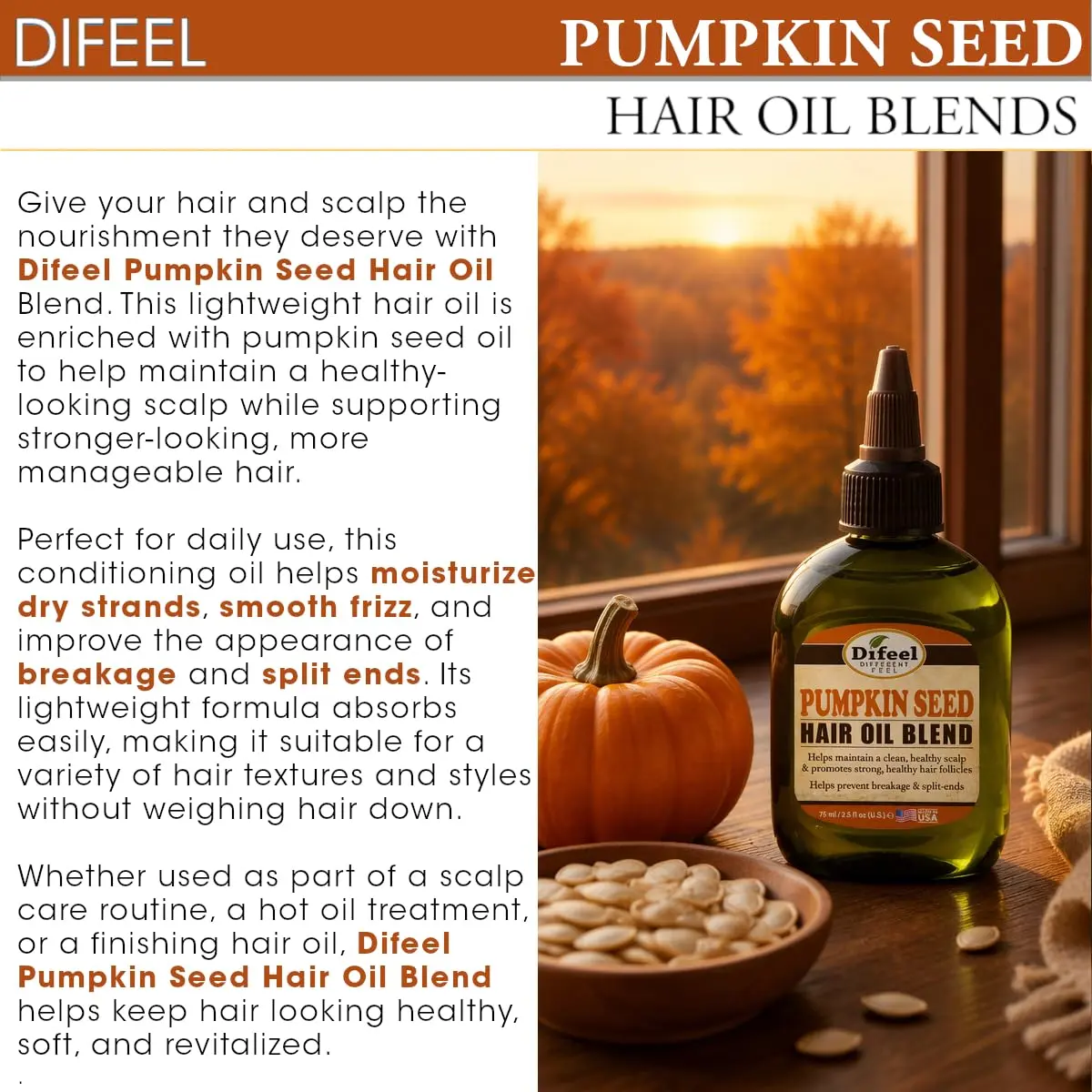 Difeel Pumpkin Seed Hair Oil Blend 74ml (2.5 Fl Oz) | Nourishes Scalp & Strengthens Hair - view 4