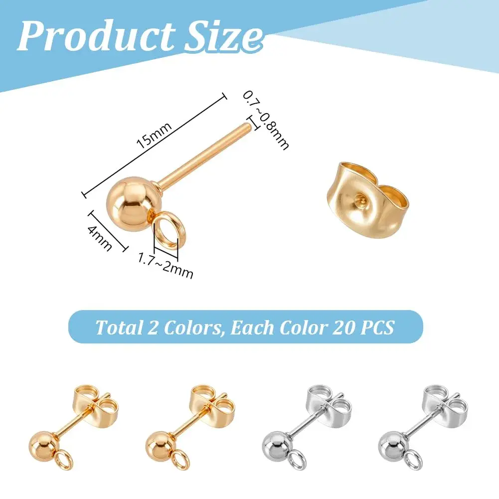 PH PandaHall 304 Stainless Steel Earring Posts with Loop & Butterfly Backs, 20 Pairs (40 Sets) | DIY Jewelry Making Findings - view 2