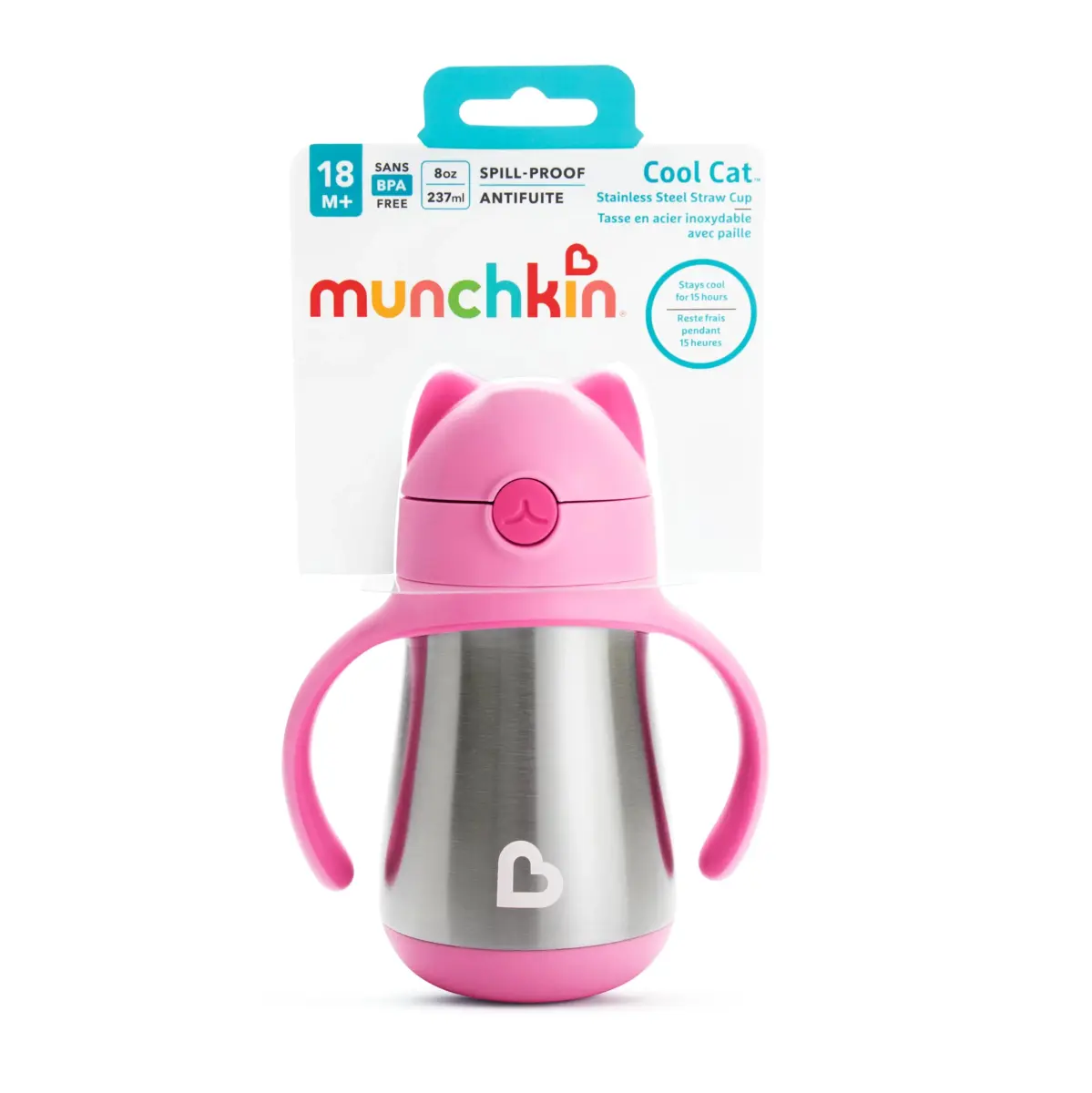 Munchkin Cool Cat Stainless Steel Sippy Cup 237ml (8oz) with Straw | BPA-Free Toddler Cup - view 7